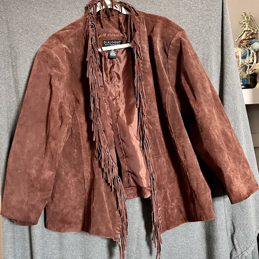 Plus size Camel brown western inspired suede jacket with fringe